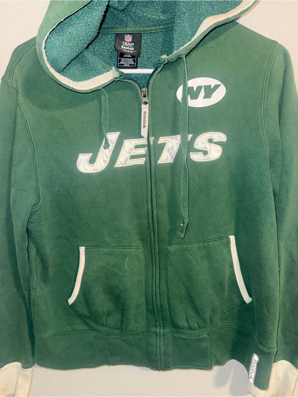 Reebok NFL NY Jets Hoodie Zip Up Green Women’s Medium Fleece Lined - Picture 7 of 8